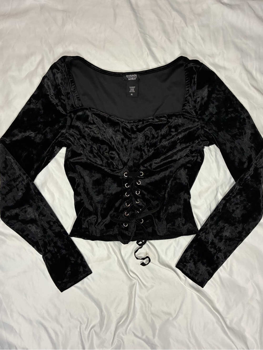 Black Velvet Cosmic Aura Corset Lace-Up Long-Sleeve Crop Top Sweetheart Neck  XL